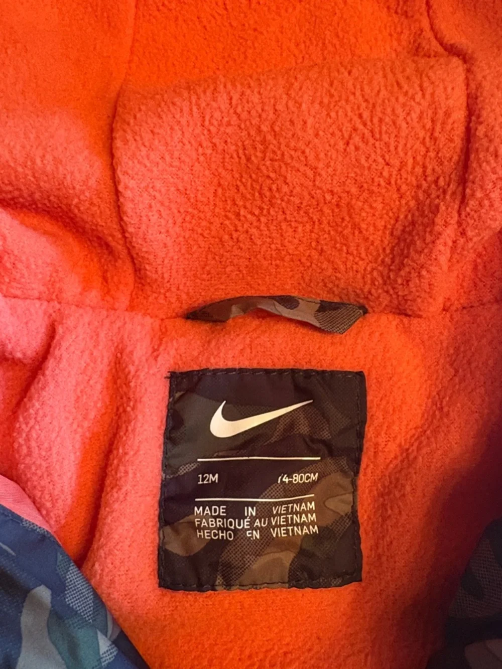 Nike Toddler Camo Puffer Jacket with Orange Lining - 12 Months